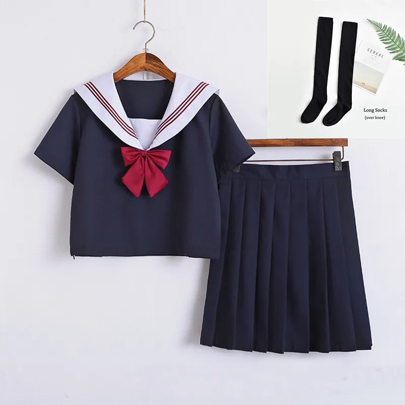 Short Set With Socks Г. Японская школьная форма для девочек, милые короткие/длинные матросские Топы+ плиссированная юбка полный комплект карнавальный костюм JK - Цвет: Short Set With Socks