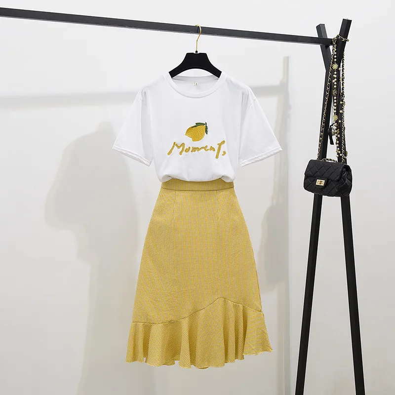 2019 Летняя женская футболка с круглым вырезом + нестандартное платье юбкой-годе