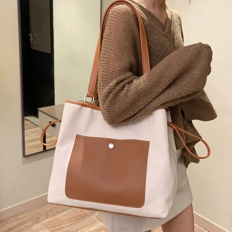 Женская Холщовая Сумка тоут сумка на плечо с большими карманами школьные книжки