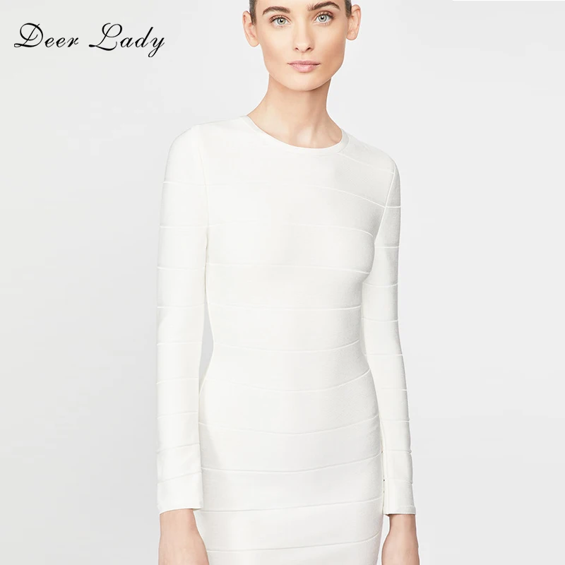 Женское Бандажное платье с оленем белое длинным рукавом вечерние облегающие