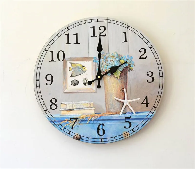 Home Study decoration wall clock mute wood Blue life Silent fish Pictures Styles Round Craft electronic digital | Дом и сад