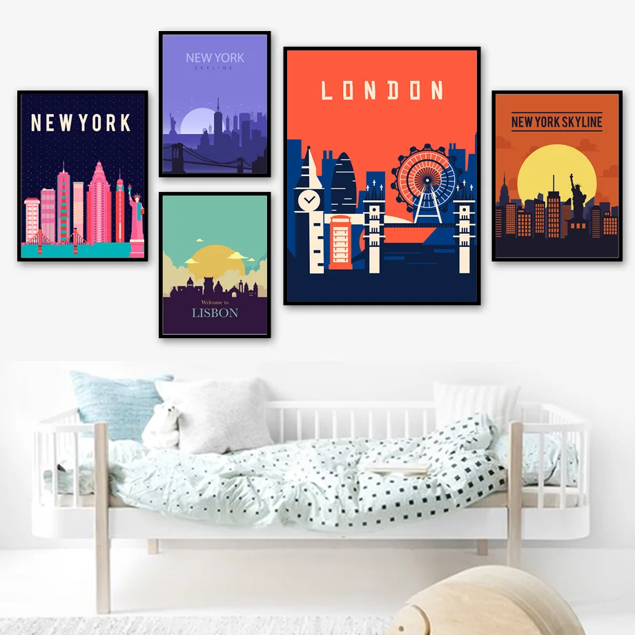 

Cartoon New York Wall Art London Lisbon City Wall Art Canvas Painting Nordic Posters and Prints Wall Pictures Kids Room Decor