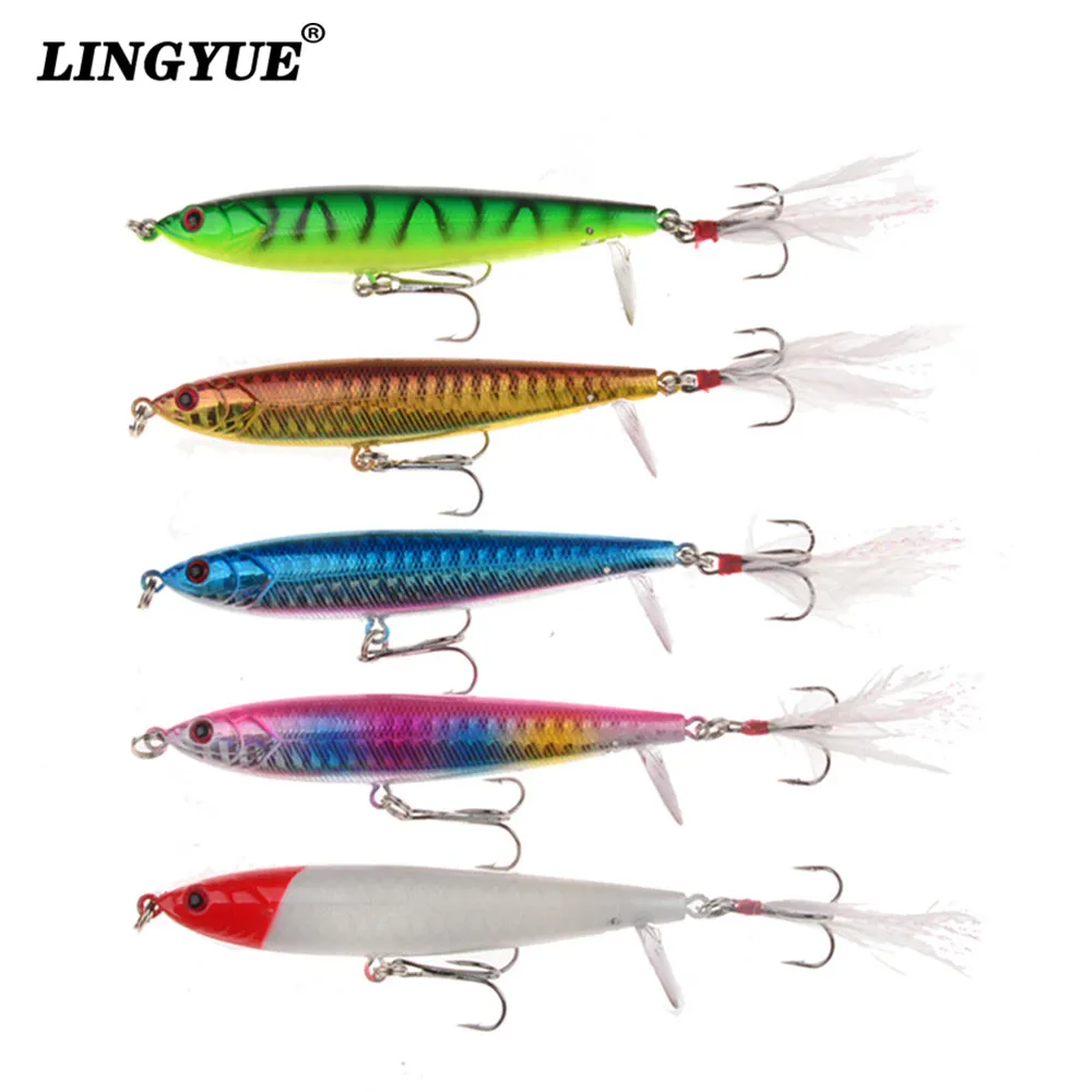 

LINGYUE 5pcs/lot Fishing Lures 9cm/13.4g Hard Baits Artificial Plastic Pencil Fishing Tackle Crankbait Feather Hooks fish bait