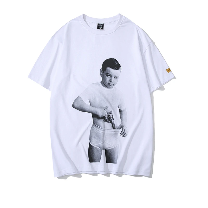 Белый Bebovizi Fashion Retro Gun Boy Print T Shirt Men Hip Hop Streetwear Funny Tee Shirts Summer Casual Loose T-Shirt - Цвет: Белый