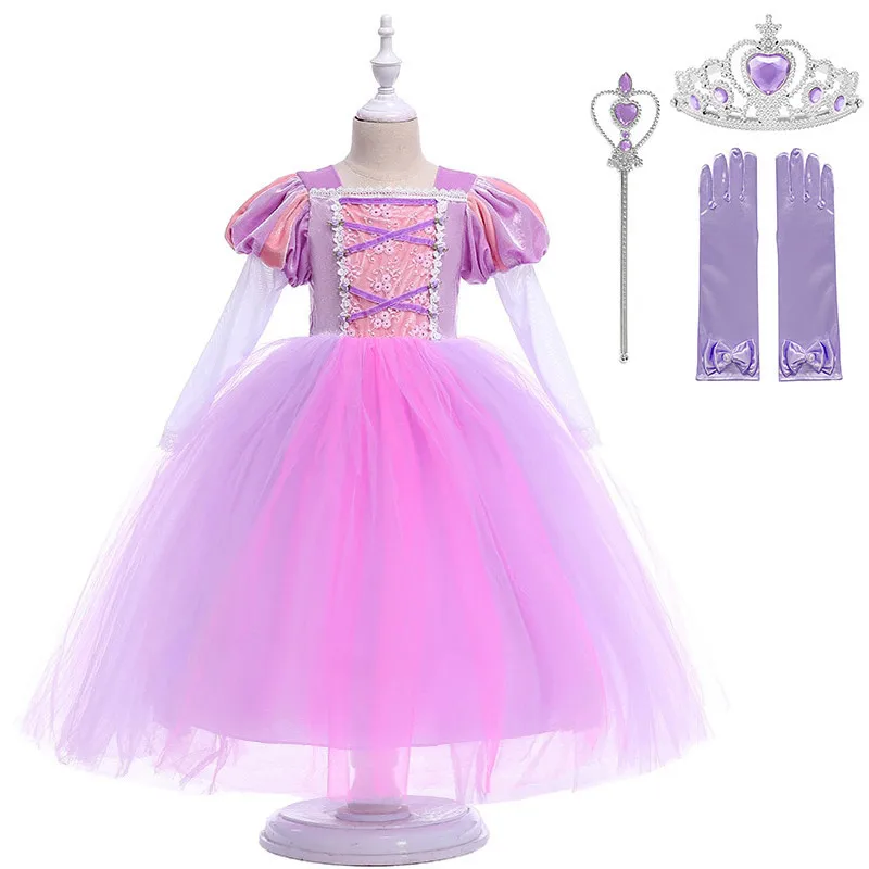 Dress Set 2 Костюм принцессы Рапунцель для девочек от 4 до 12 лет вечерние платья Рапунцель из тюля с длинными рукавами для костюмированной вечеринки - Цвет: Dress Set 2
