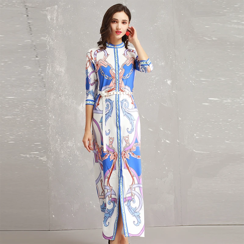 2019 Spring Pretty Print Maxi Dress Women New Hot Three Quarter Sleeve O_neck Female Slim Sweet Long With Belt | Женская одежда