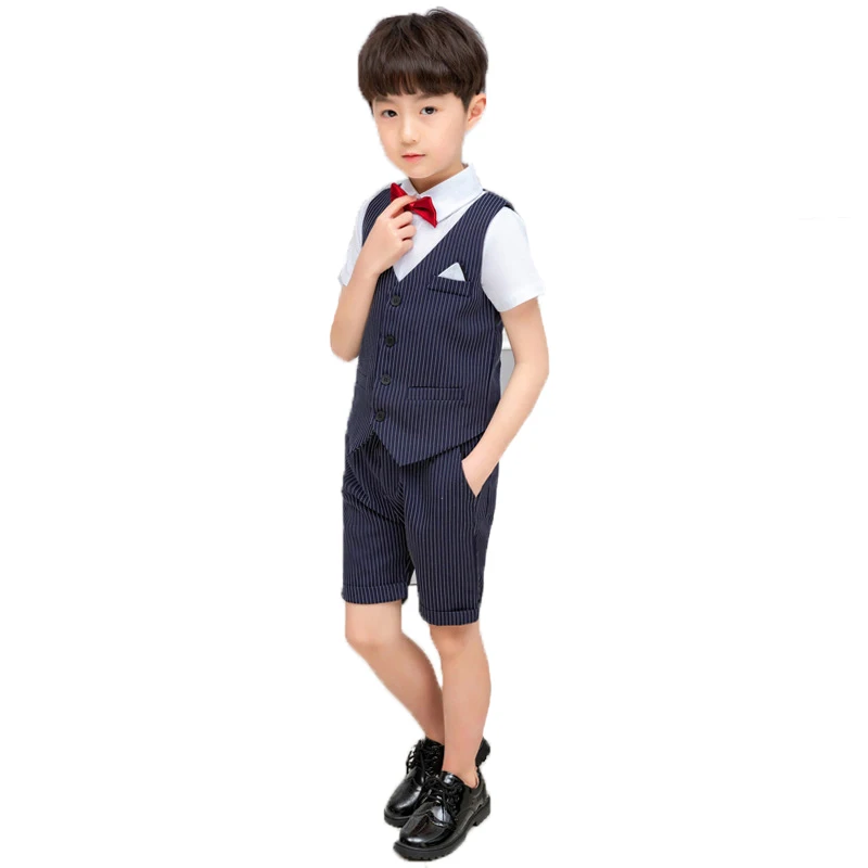 

Summer Formal Children Vest Suit Sets Boy Short-sleeved Shirts Striped Vest Shorts Outfits Kids Wedding Performance Costume