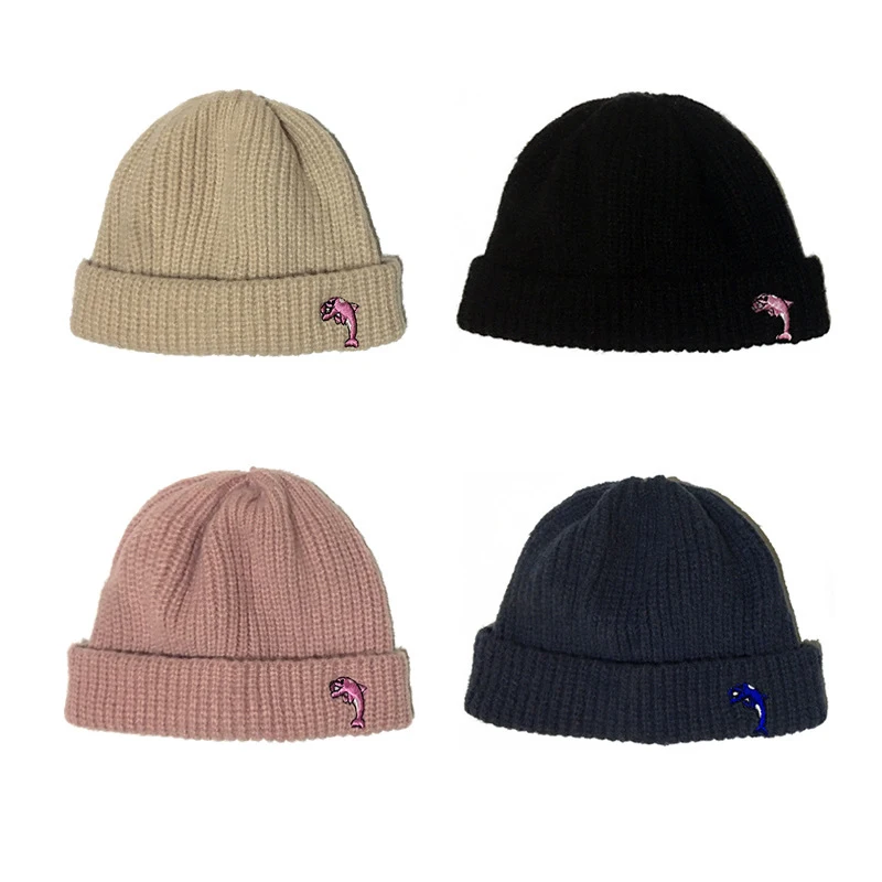 

Fashion Women Winter Knit Beanie Hats Cap Spring Autumn Cute Dolphin Embroidery Solid Knitted Female Skullies Cap Hat 5 Colors