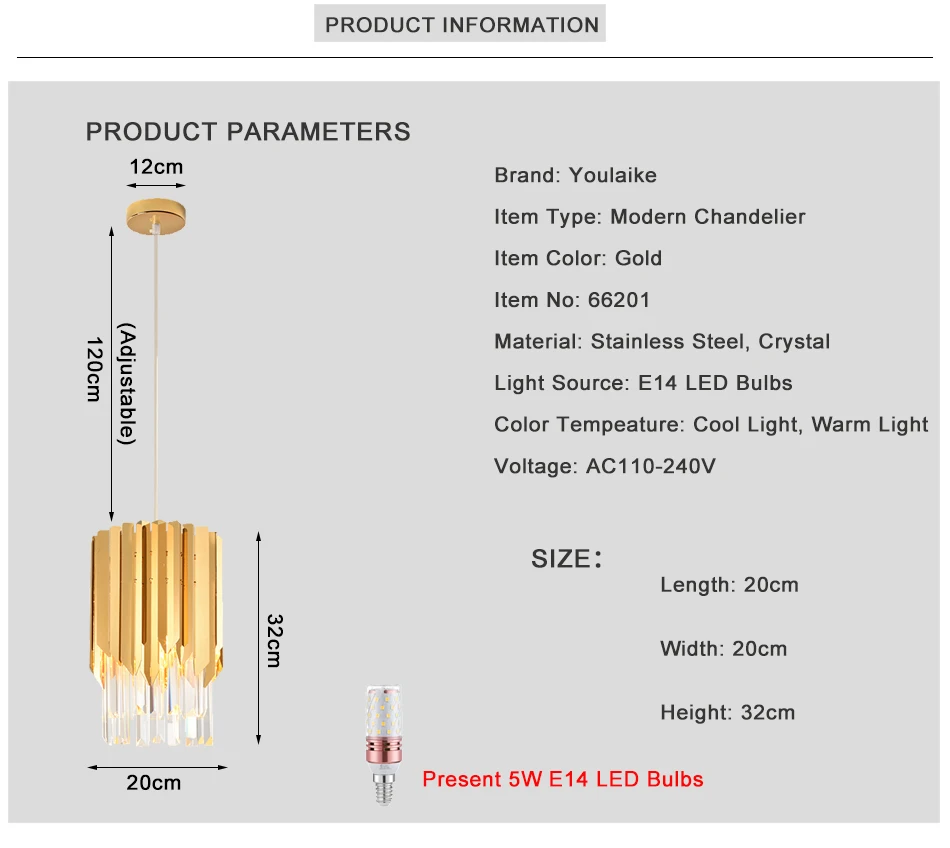 Youlaike Modern Crystal Chandelier For Dining Room Single Light Polished Steel Suspension Lighting Fixtures LED Cristal Lustre