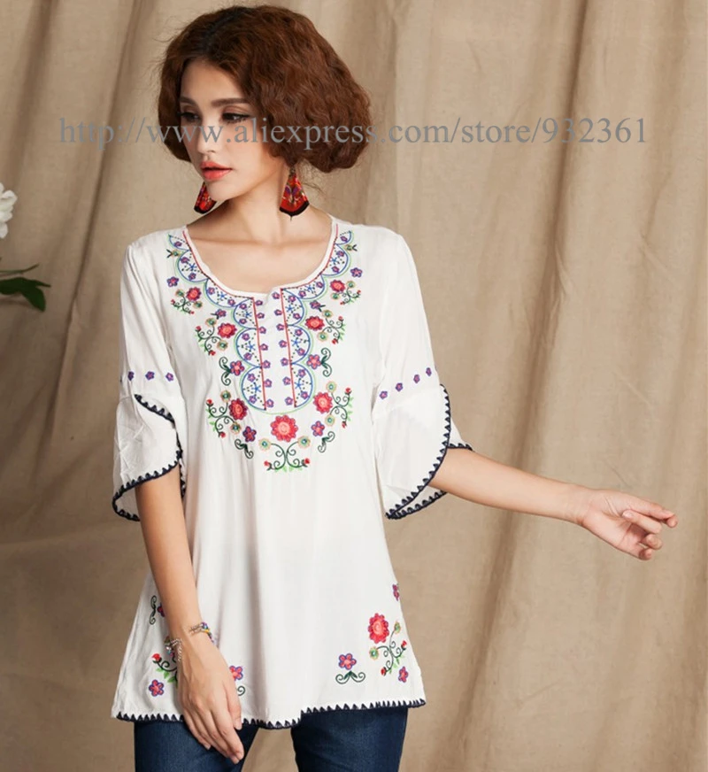 Vintage Mexican Floral Embroidery Women Blouses BOHO Blouse Shirt Summer tops 4 Color shirts blusa Blusas femininas | Женская одежда
