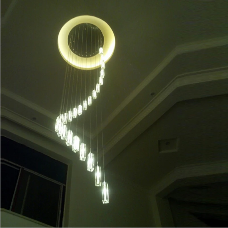 

Duplex Building Indoor Stair Lighting Fixtures Crystal Pendant Chandelier Long Modern Staircase Dining Room Hanging Lamp Spiral