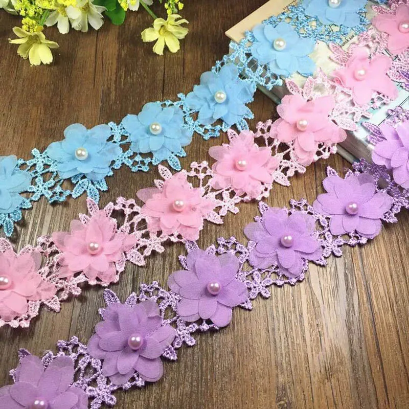 

GXINUG 2 Yard Vintage 2-Layer Chiffon Flower Pearl Lace Trim Wedding Ribbon Applique Embroidered Sewing Craft