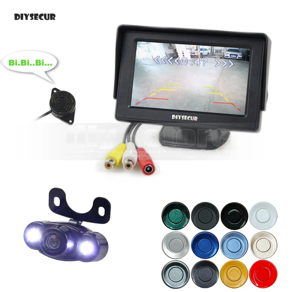 

DIYSECUR 4.3 Inch Rear View Car Monitor + 4 Parking Radar + LED Night Vision Car Camera Parking Assistance Video Parking Radar