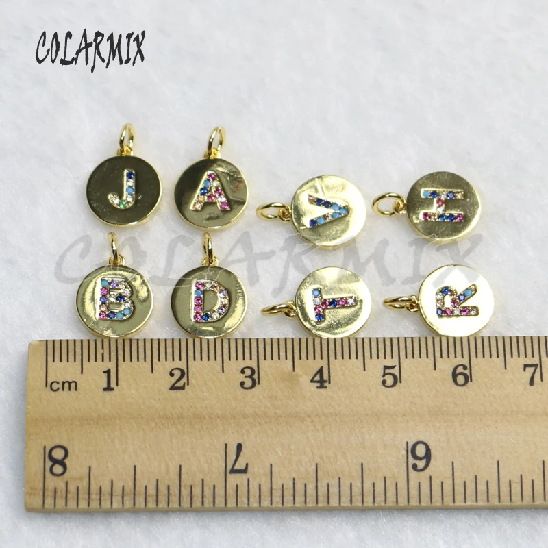 

12 Pcs Colorful zircon letter charms crystal metal pendant for necklace making Round letter jewelry charms pendant 5315