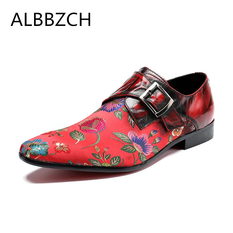 New fashion buckle embroidered leather casual shoes men black red pointed toe wedding photography mens career work | Обувь