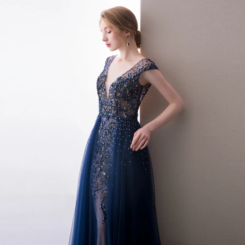 Vestido de festa, вечернее платье русалки, длинное платье с v-образным вырезом, темно-синий тюль с бисером, вечернее платье, элегантное,, Robe De Soiree