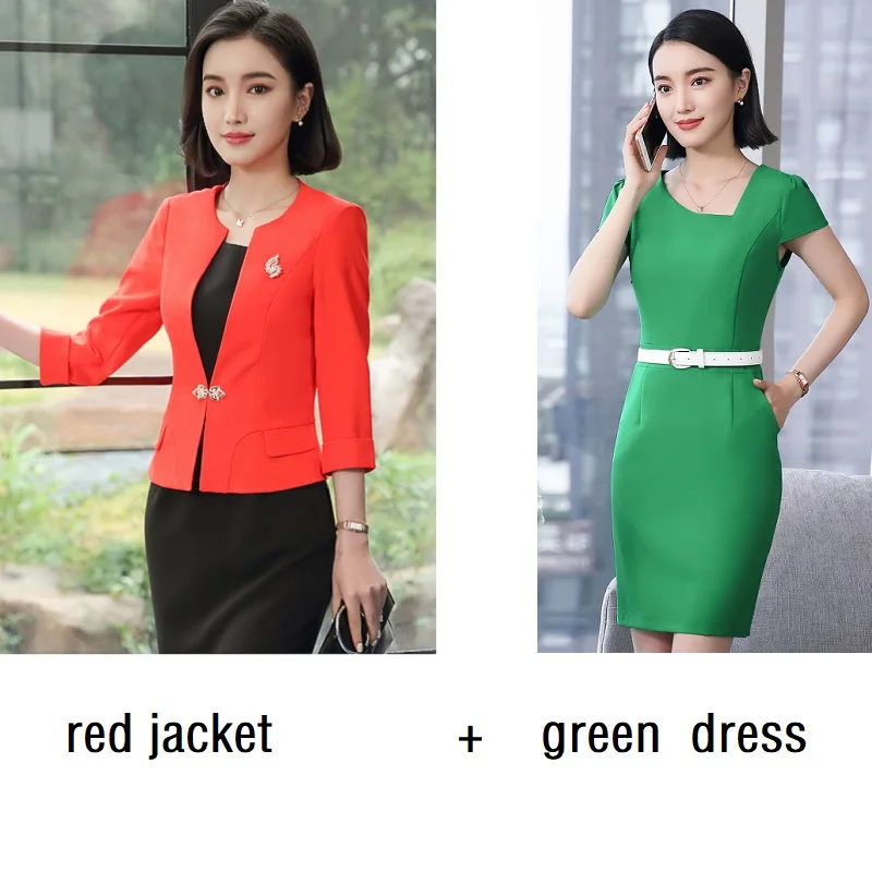 red jacket green ACRMRAC женские костюмы стиль летний костюм средний рукав костюм сплошной цвет тонкий пиджак платье бизнес OL формальное платье костюмы - Цвет: red jacket green