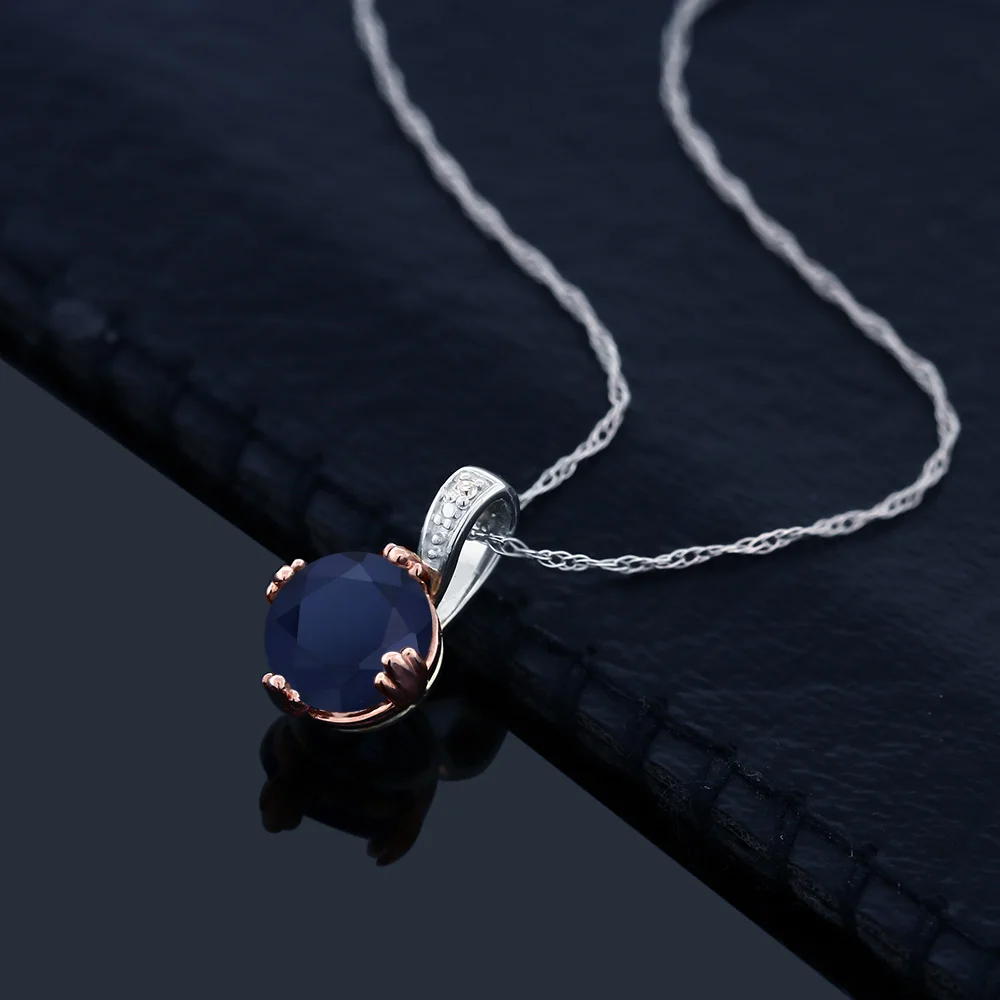 1,00 Ct Круглый Синий сапфир и алмаз 10K 2 тон Золотая подвеска с цепочкой