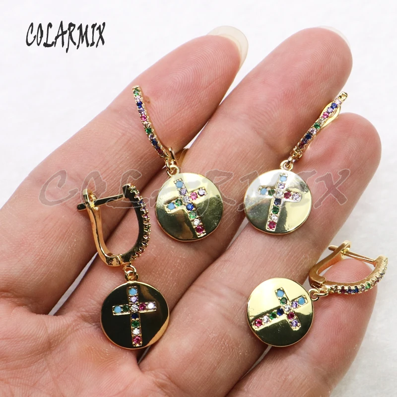 5 Pairs Cross earrings round dangle hook rainbow crystal jewelry for women summer girls 5467 | Украшения и аксессуары