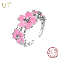 u7 925 sterling silver open ring cherry blossom enamel pink flower finger rings for women jewelry valentines day gift new sc271