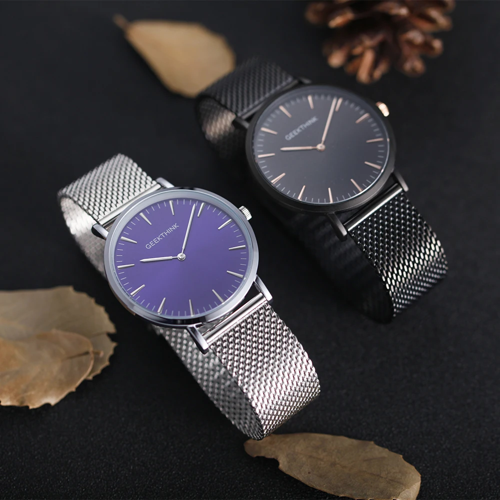 

GEEKTHINK Top Luxury Brand Quartz watch men Black Casual Japan quartz-watch stainless steel Mesh strap ultra thin clock male