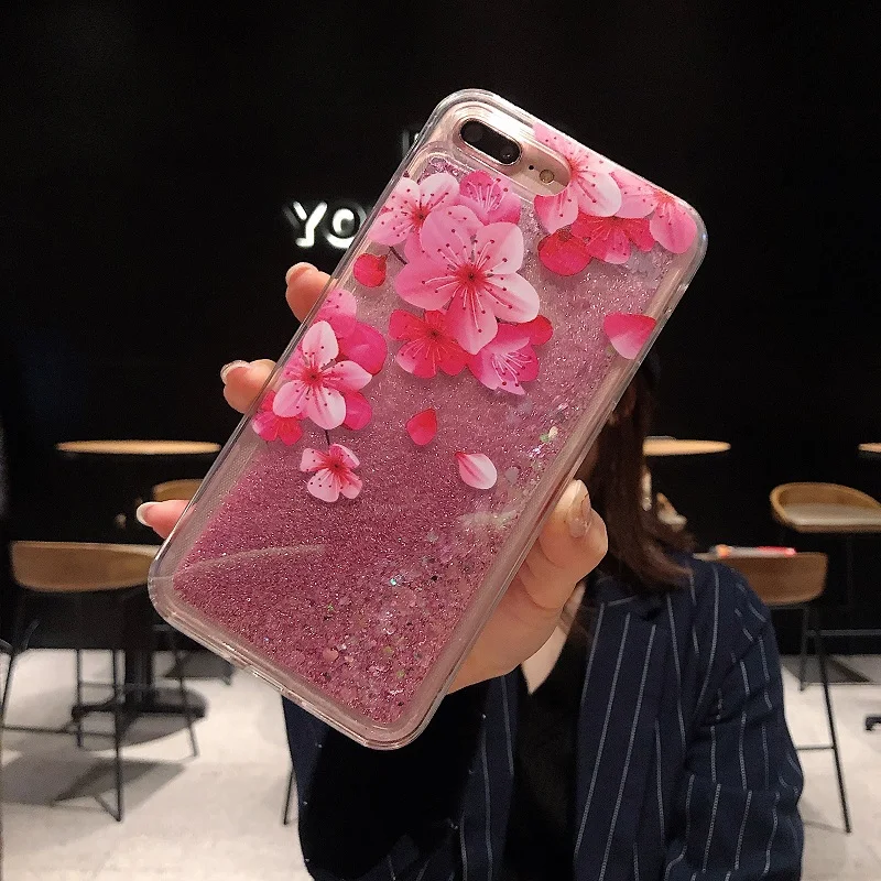 Glitter Flowing Transparent Bling Pink Flowers At The Top Right Corner Around Camera For iphone 6 6S 78 Plus X XS XR XSMAX | Мобильные
