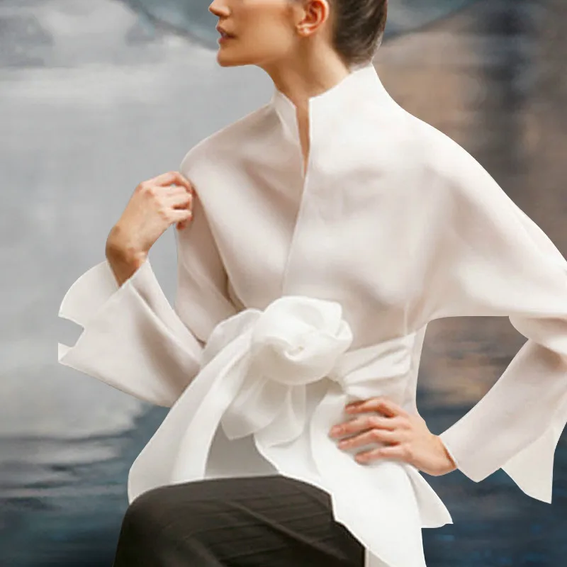 Women Silk Shirts Ogen Long Sleeve Shirts 2019 High-end Custom Bowknot Shirts for Women White and Beige Blouse