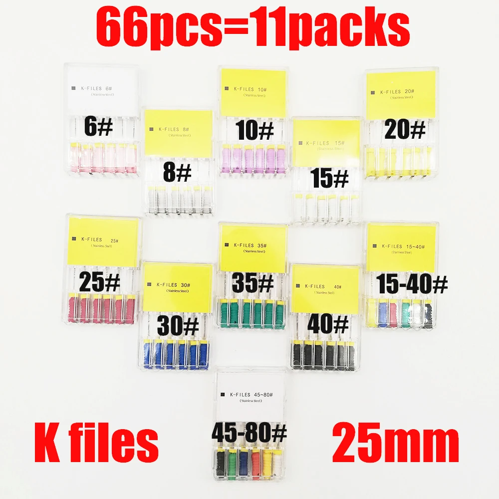 66pcs 6#-80# 25mm Dental K Files Root Canal Dentistry Endodontic Instruments Dentist Material Hand Use Stainless Steel K Files