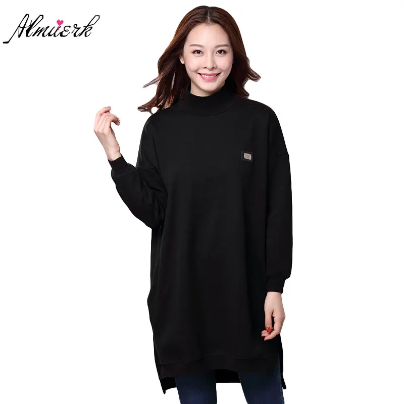 

2018 soild color women hight collar T-shirt medium length long sleeves thicken loose keep warm female T-shirt bottom shirt L286