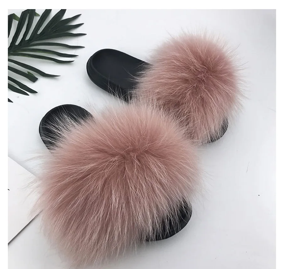 ZDFURS* New Arrivals Real Raccoon Fur Slippers Women Fluffy Fur Slides Spring Autumn Winter Indoor Outdoor Shoes