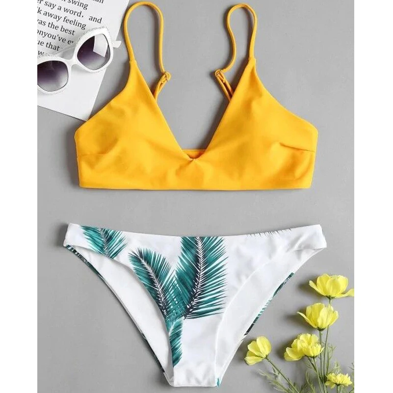 Лиственным принтом сексуальный комплект бикини Schwimmwear женщина с лямкой на шее