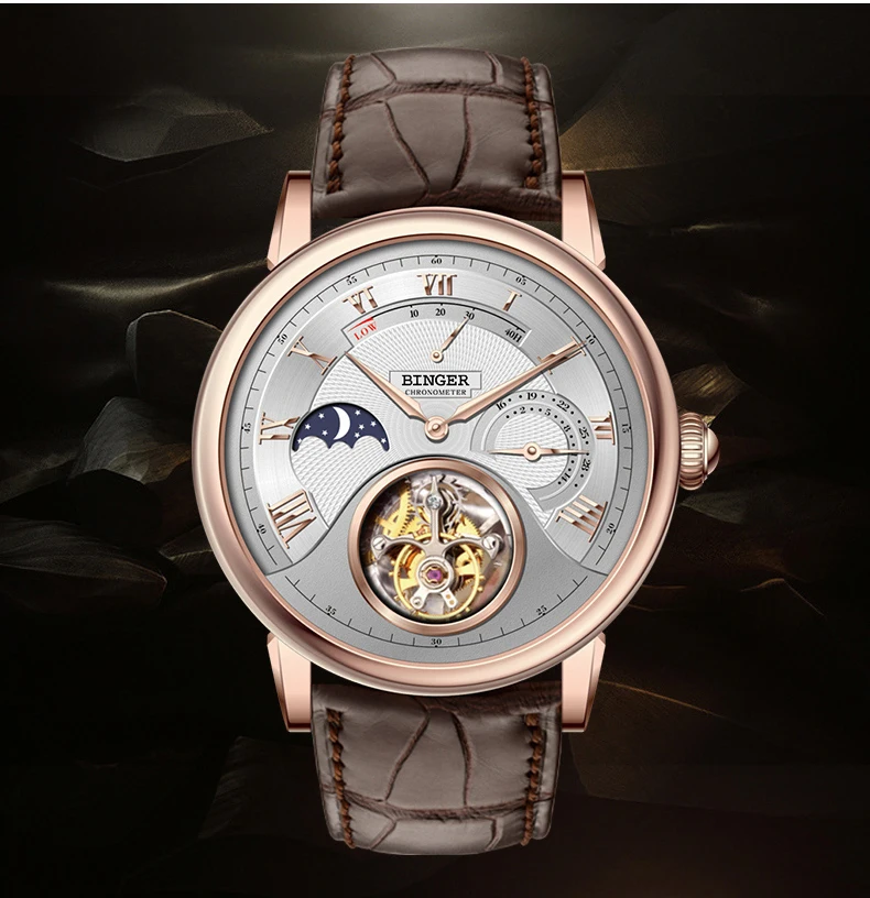 Оригинальные Роскошные Брендовые мужские механические часы BINGER TOURBILLON с ремешком из крокодиловой кожи Chronogra Sapphire водонепроницаемые наручные механические часы