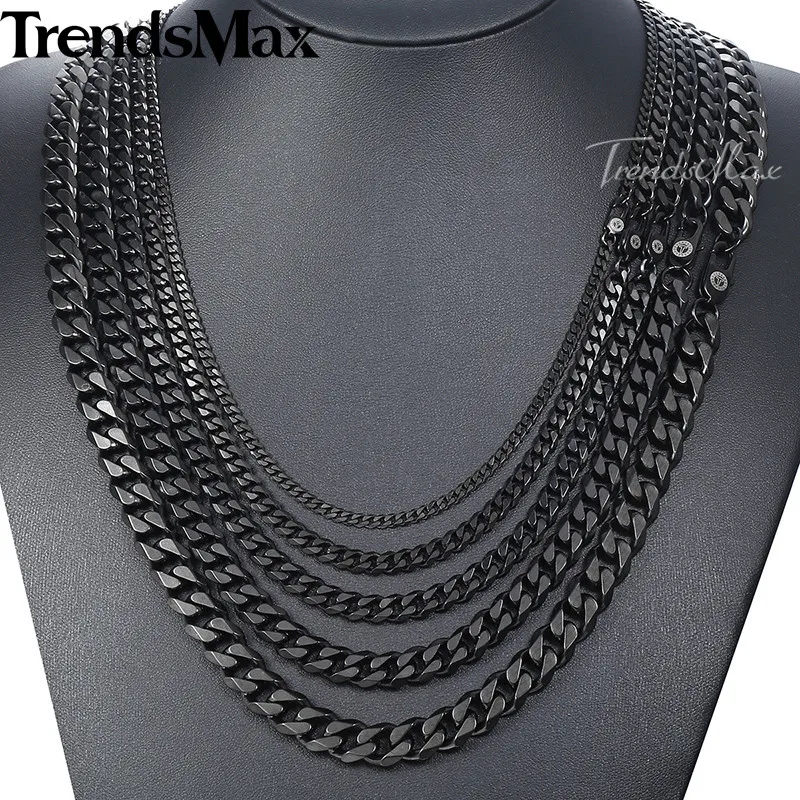 Trendsmax, полированный ювелирный набор, ожерелье для мужчин, нержавеющая сталь, мужской браслет, кубинская цепочка, золото, черное серебро, KKSM01