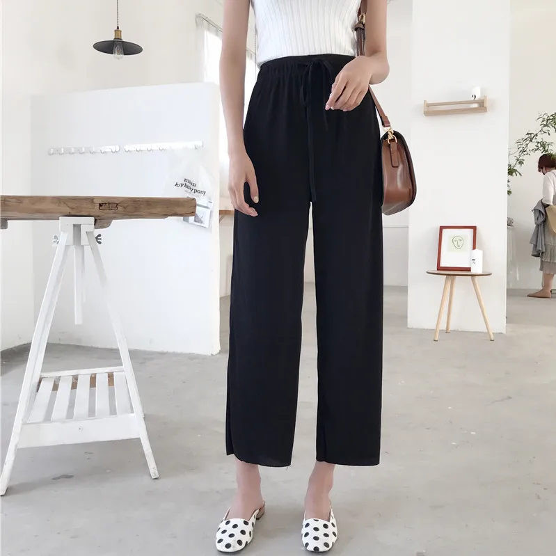 Pure Color Casual Lace Up Women Wide Leg Pants Loose High Waist Palazzo Black Ankle-Length Summer Trousers | Женская одежда