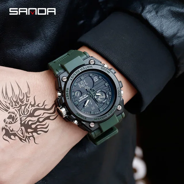 Army Green SANDA 739 спортивные мужские часы Топ бренд Роскошные военные кварцевые часы мужские водонепроницаемые S Shock наручные часы relogio masculino - Цвет: Army Green