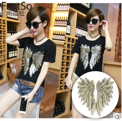 

Free shipping Gold patch paillette wings t-shirt decoration applique personality fashion clothes stickers2pcs/lot