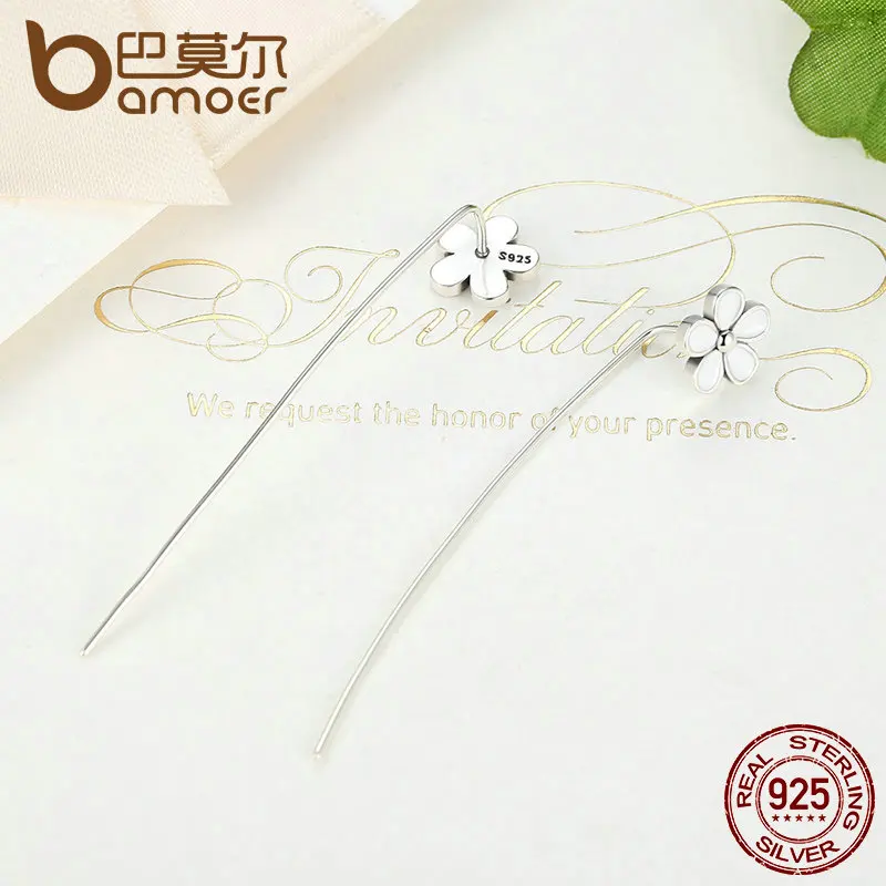 BAMOER,, 925 пробы, серебряный, белый цветок, 5,5 см, длинные висячие серьги для женщин, для помолвки, хорошее ювелирное изделие SCE012