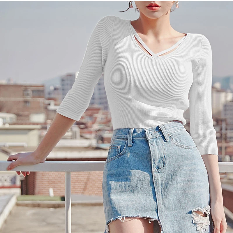 2018 новый вязаный пуловер 1/2 рукав эластичный женский свитер Blusas плотный с