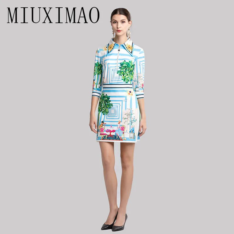 

Europe Fashion 2019 Spring jumpsuit Newest Casual Turn-down Collar Beading Character Above Knee Two-Piece Dress Women