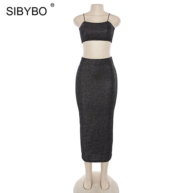Sibybo, блестящее сексуальное платье без бретелек, комплект из двух предметов, платье на тонких бретелях, без рукавов, летнее женское платье, открытая спина, Пляжное длинное платье, вечерние платья