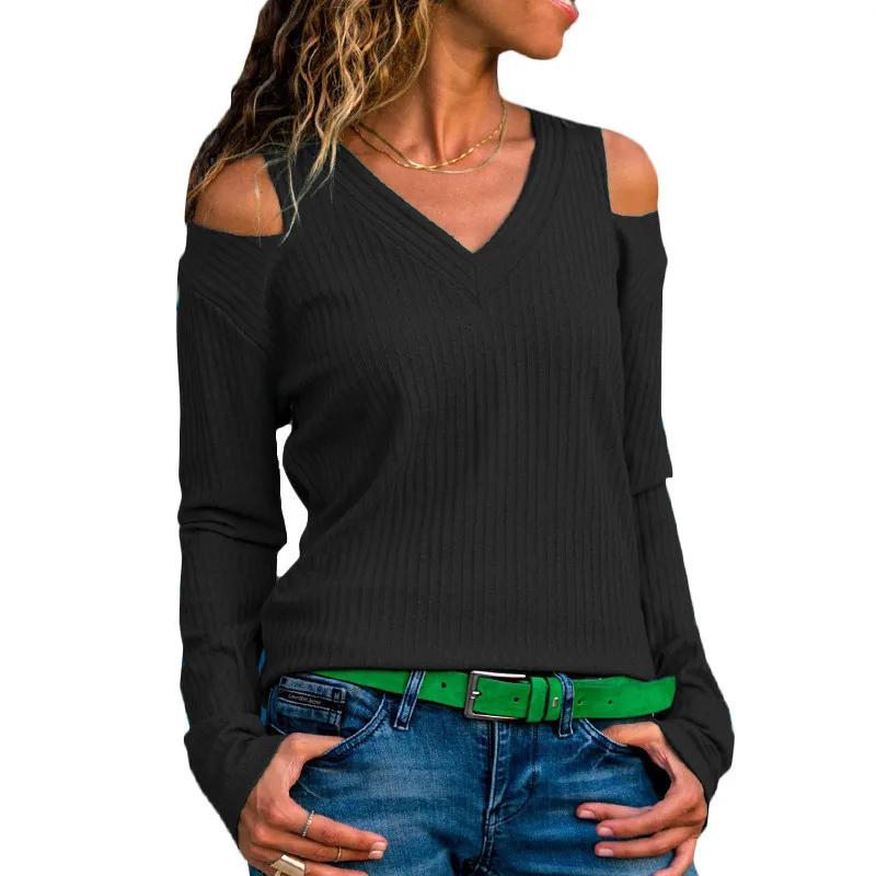 New Sweaters Fashion women 2019 Autumn Pullover Sexy V Neck Cold Shoulder Casual Solid Loose Long Sleeve Top Jumper | Женская одежда