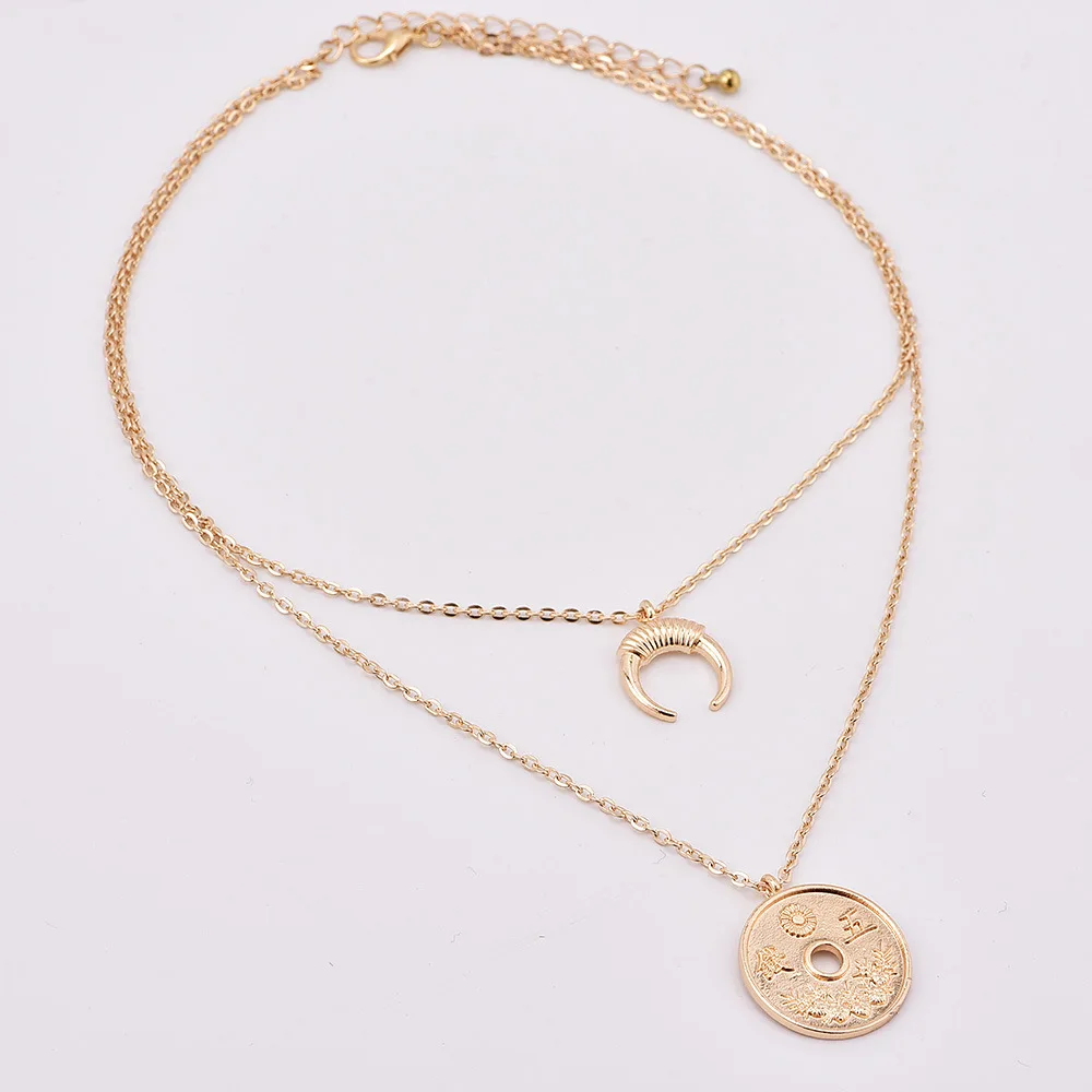 Золотистое многослойное колье для женщин круглая Монета и подвеска в форме