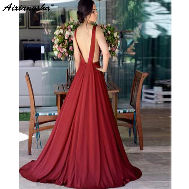 

Burgundy Satin Long Evening Dress Backless A-Line Floor Length Sexy Floor Length High Quality Party Dresses robe de soiree
