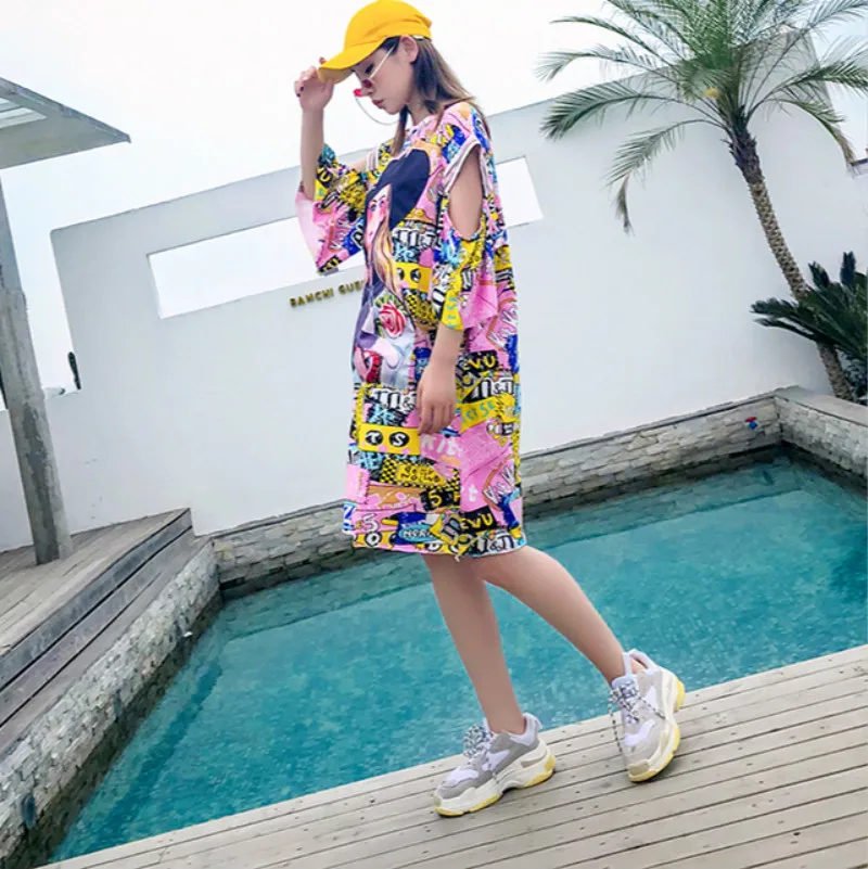 QING MO 2018 Summer Dress Flare Sleeve Robe Femme Hollow Out Pink Shirt Character Pattern Print for Women ADQ240 | Женская одежда