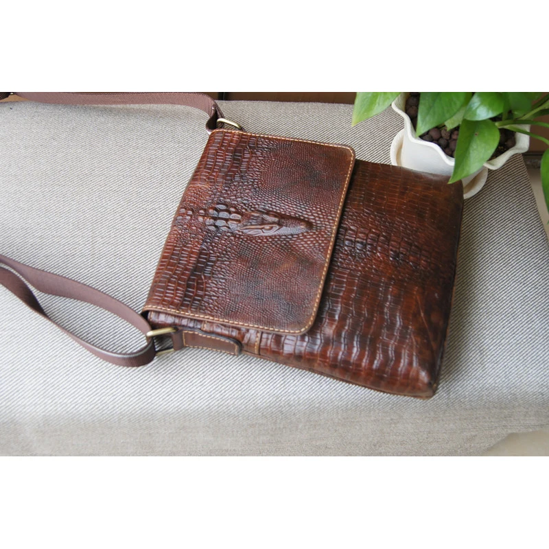 Мужской портфель из натуральной кожи с тиснением под крокодила|men shoulder bag|male