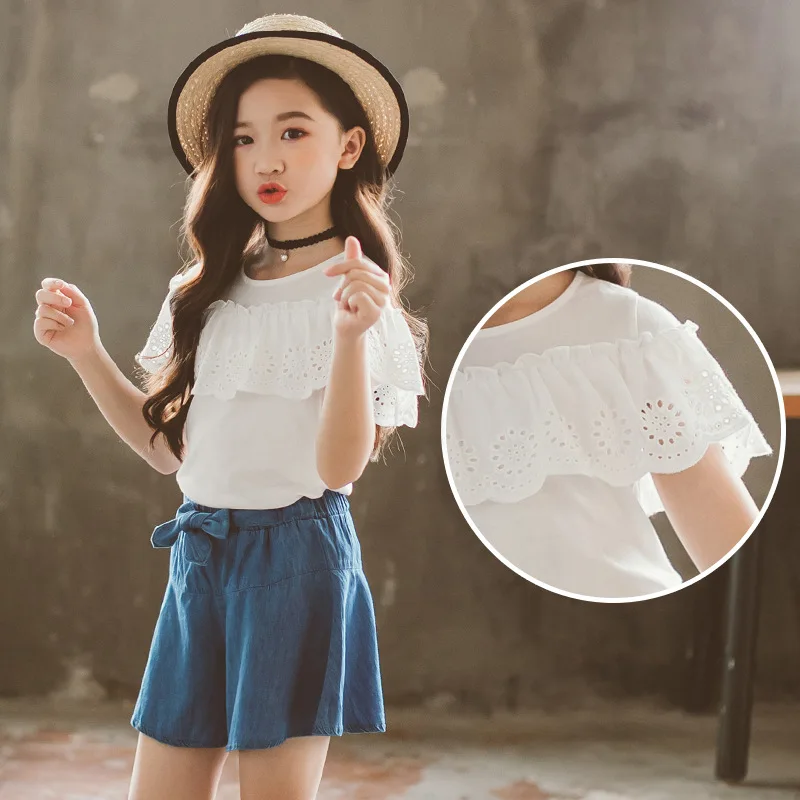 Летние комплекты одежды для девочек Короткая кружевная рубашка + джинсовая юбка