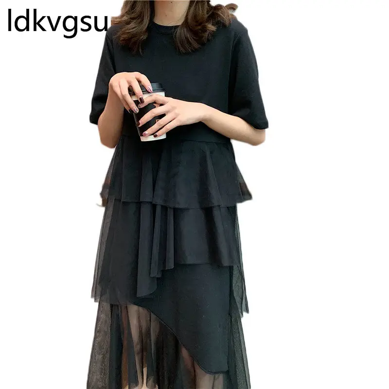 Summer Dresses Women 2019 Casual Fashion Splice Mesh Irregular Cake Dress Female O-neck Short Sleeve Mujer Vestidos f102 | Женская
