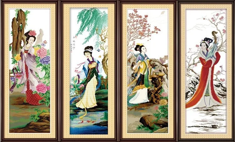 

Chinese 4 beauty cross stitch kits 11ct cotton embroidery people paiting picture DIY handmade needlework set wall home decor