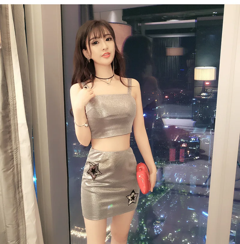 Для женщин укороченный топ с юбкой комплект Bling клуб бар юбка костюмы пикантные