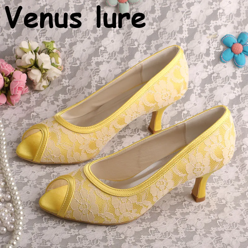 

Customized Open toe Yellow Shoes Women Mid Heel Bridesmaid Pumps